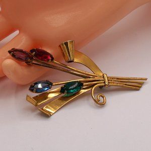 Vintage Estate Coro Multi Color Cut Glass Buds & Gold Tone Silver Ribbons Brooch